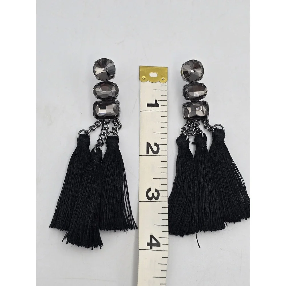 Statement‎ Earring Set Women OS Black Silver Good Tassel Rhinestone 3PC